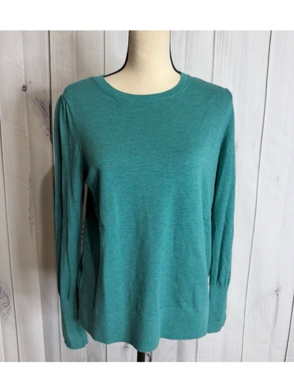 Ann Taylor LOFT Teal Green Long Puff Sleeve Lightweight Sweater Blouse Size L